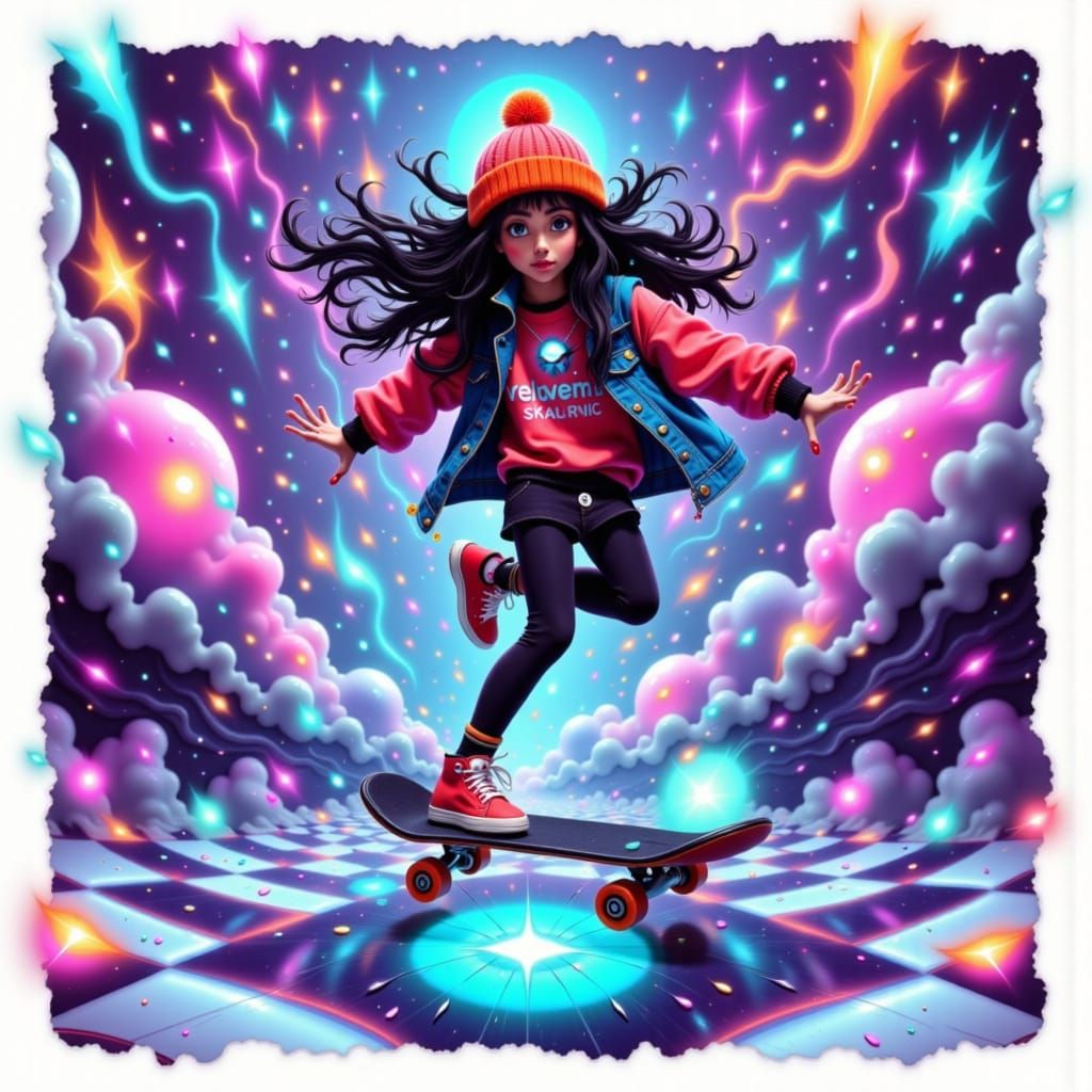 Neon Skater Girl in Retro Hyperrealism