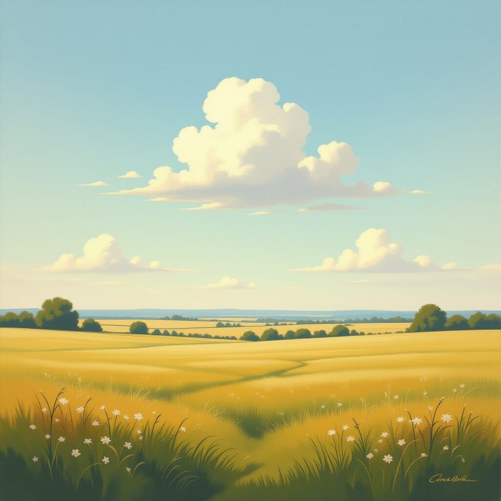 Serene Sun-Drenched Field Under Vast Sky