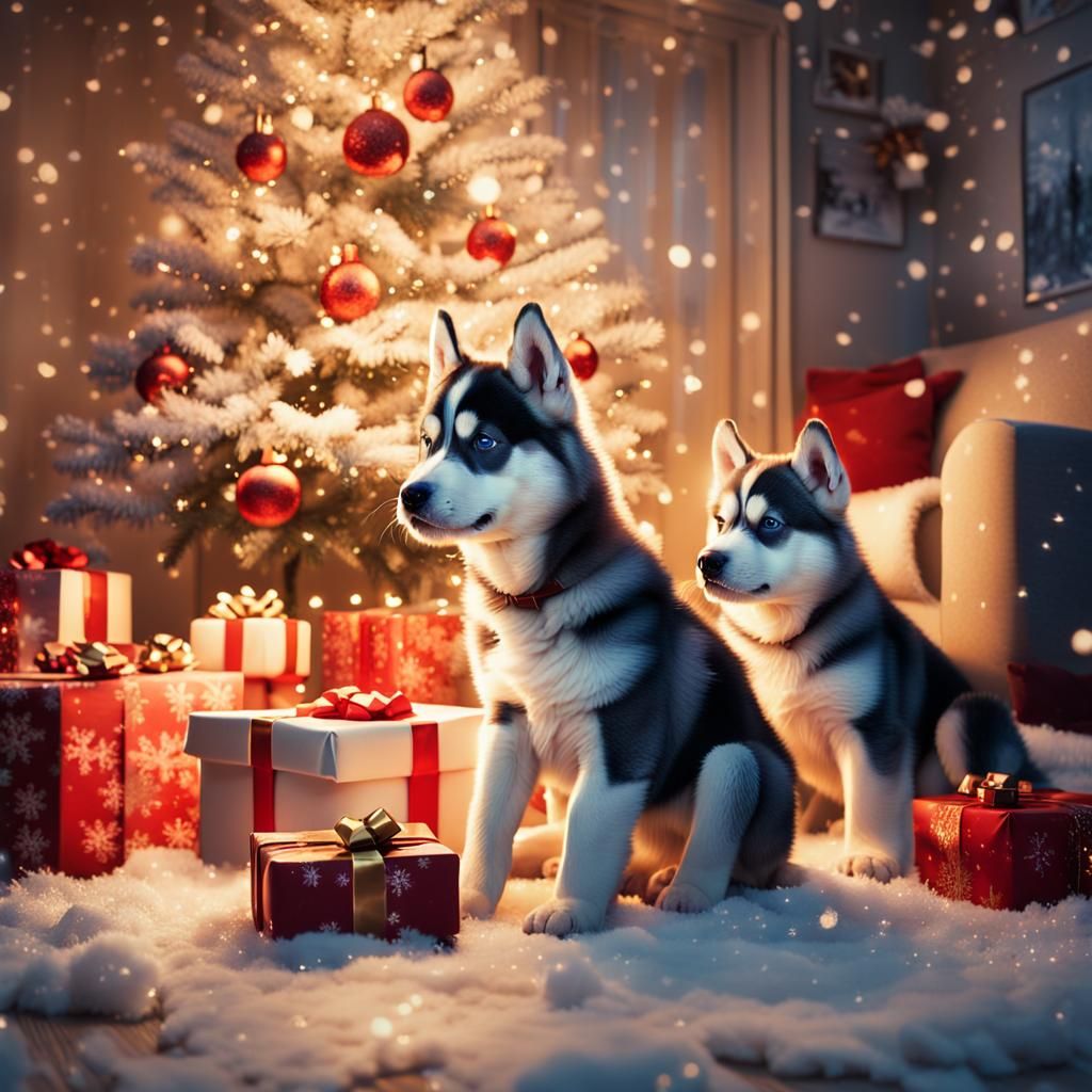 Whimsical Winter Wonderland with Husky Puppies