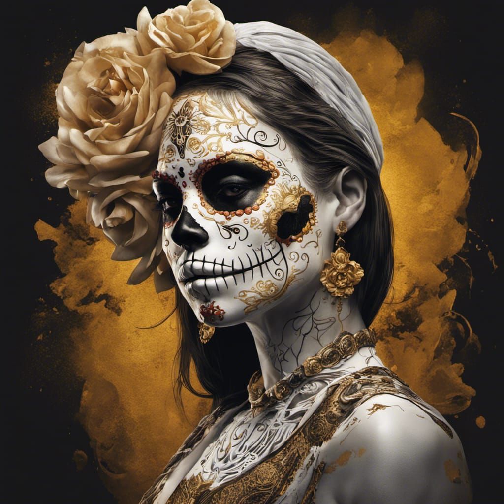 Dia de los Muertos Goddess in Splendid Gold and Black Attire