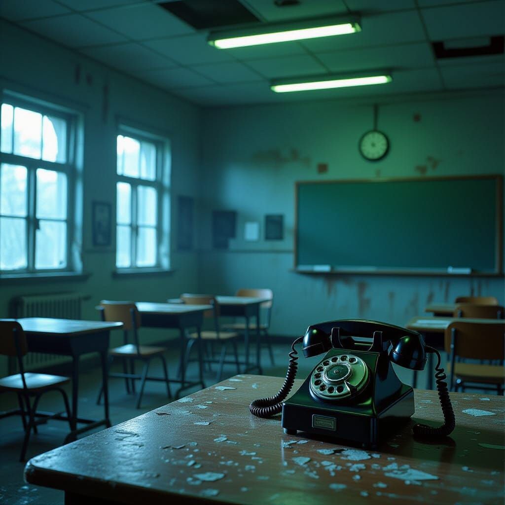 Eerie Abandoned Classroom with Vintage Rotary Phone