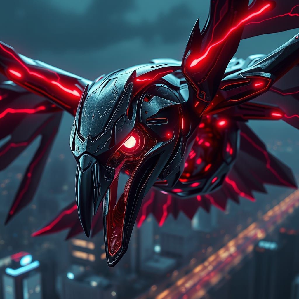 Metallica Robot Raven Soars Over City Night