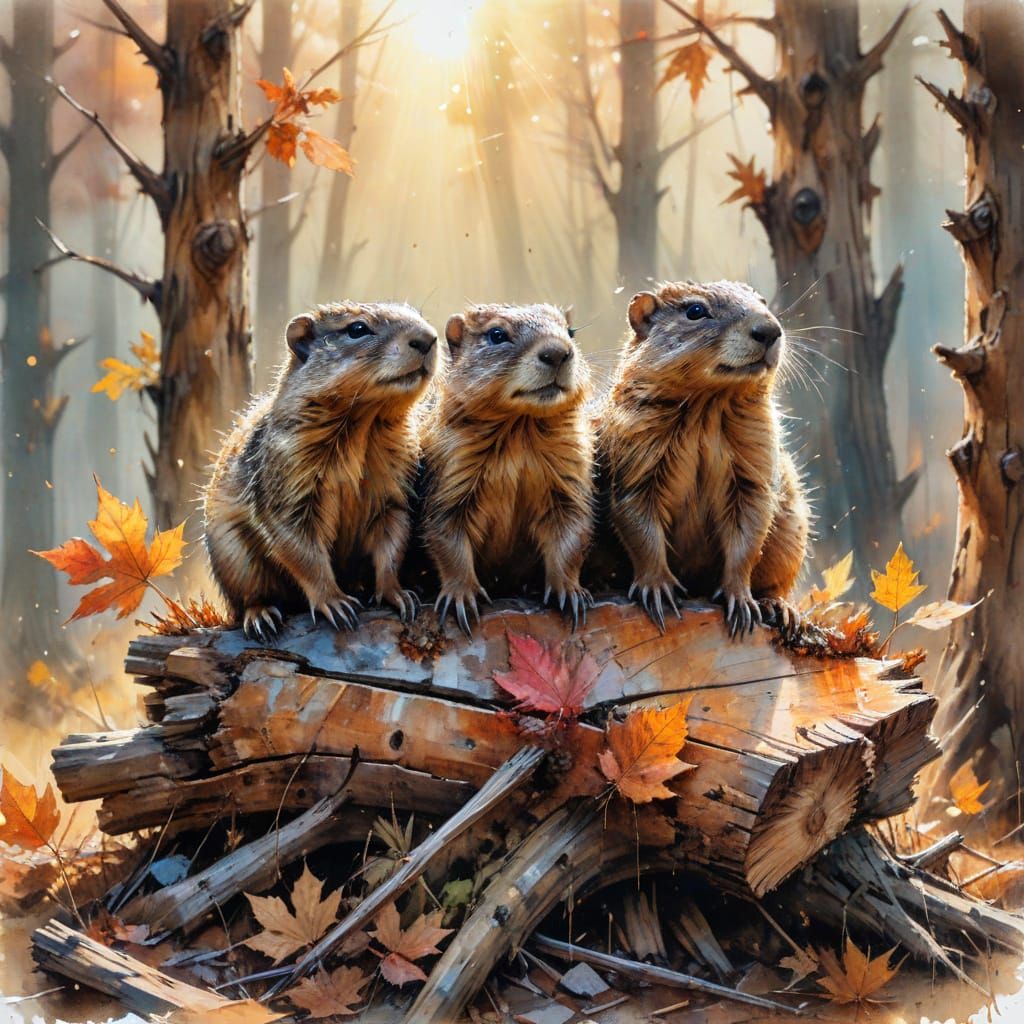 Baby Groundhogs Playing on a Log in Autumn Sunlight