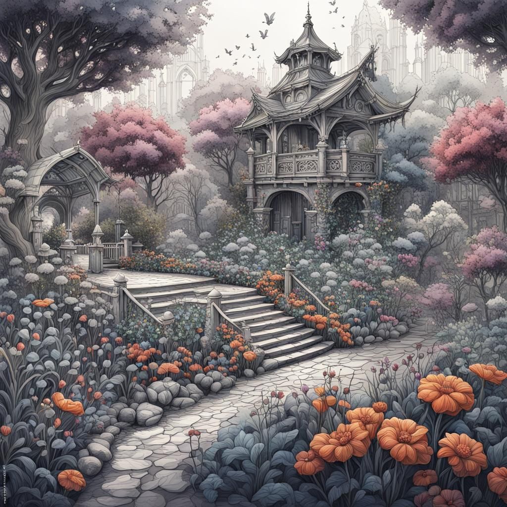Intricate Fantasy Garden in Deep Color