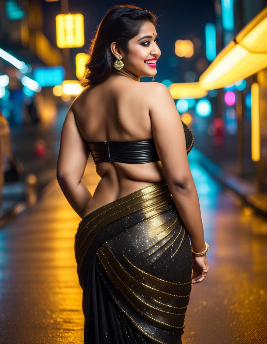 Sultry Curvy Woman Struts Her Stuff in Neon City Night