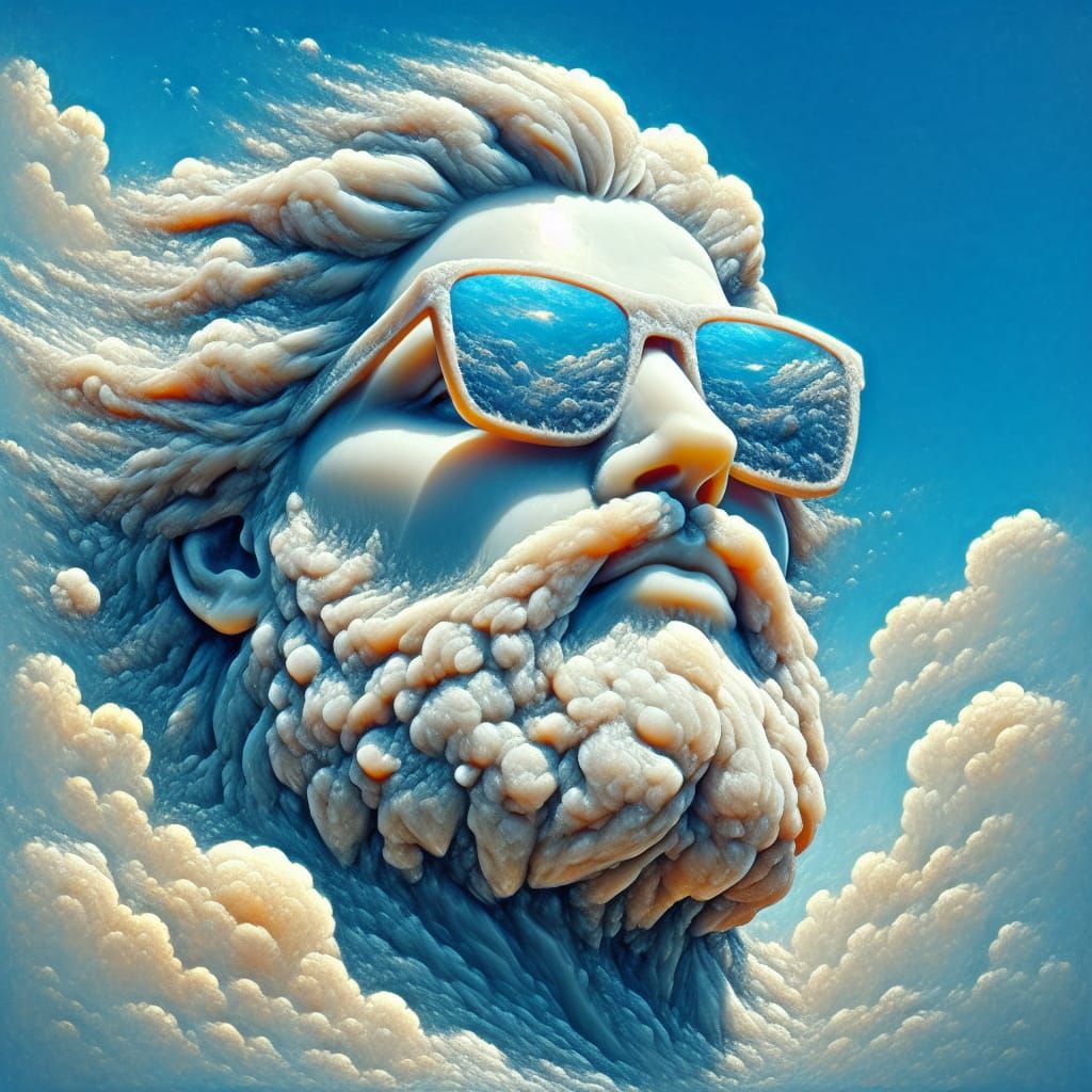 Surreal Himalayan Salt Statue in Blue Sunglasses Amidst Clou...