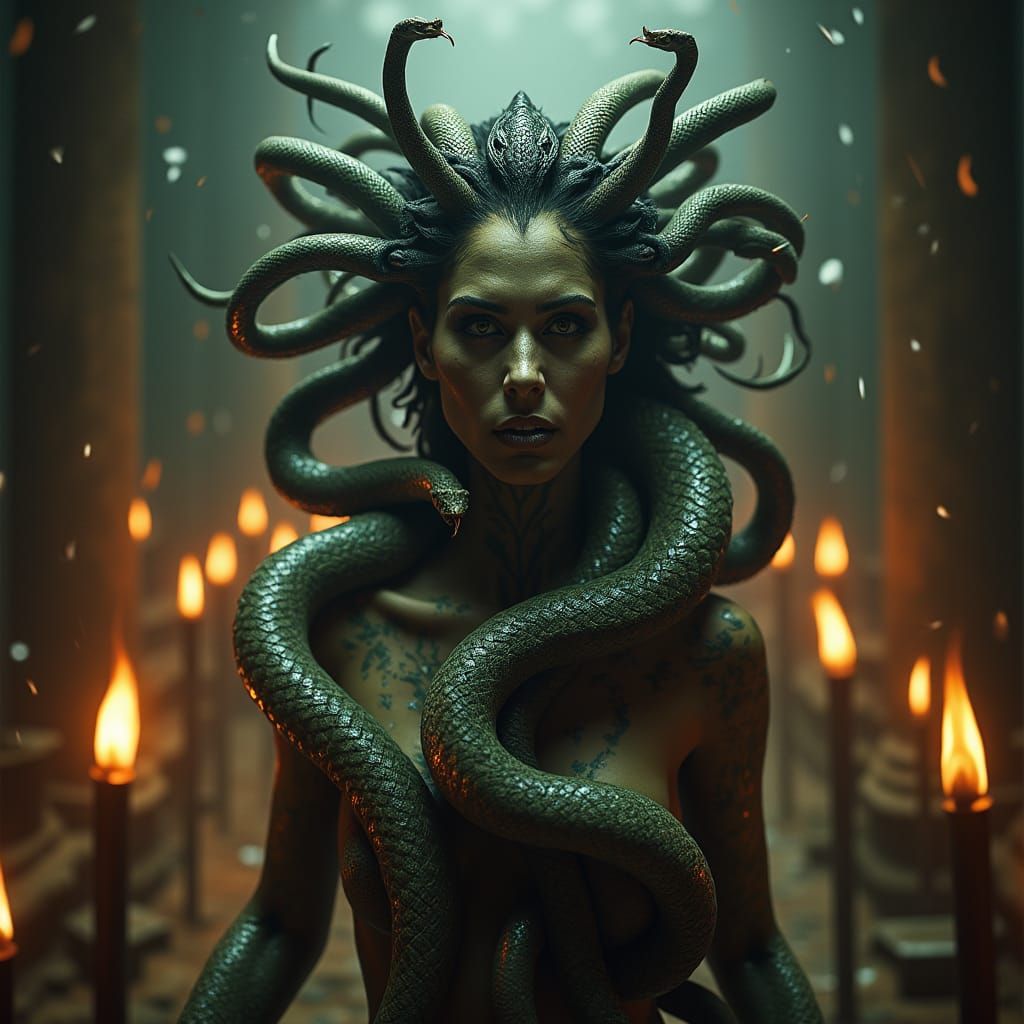 Greek Mythology's Fearsome Medusa Surrounded by Twisting Sna...