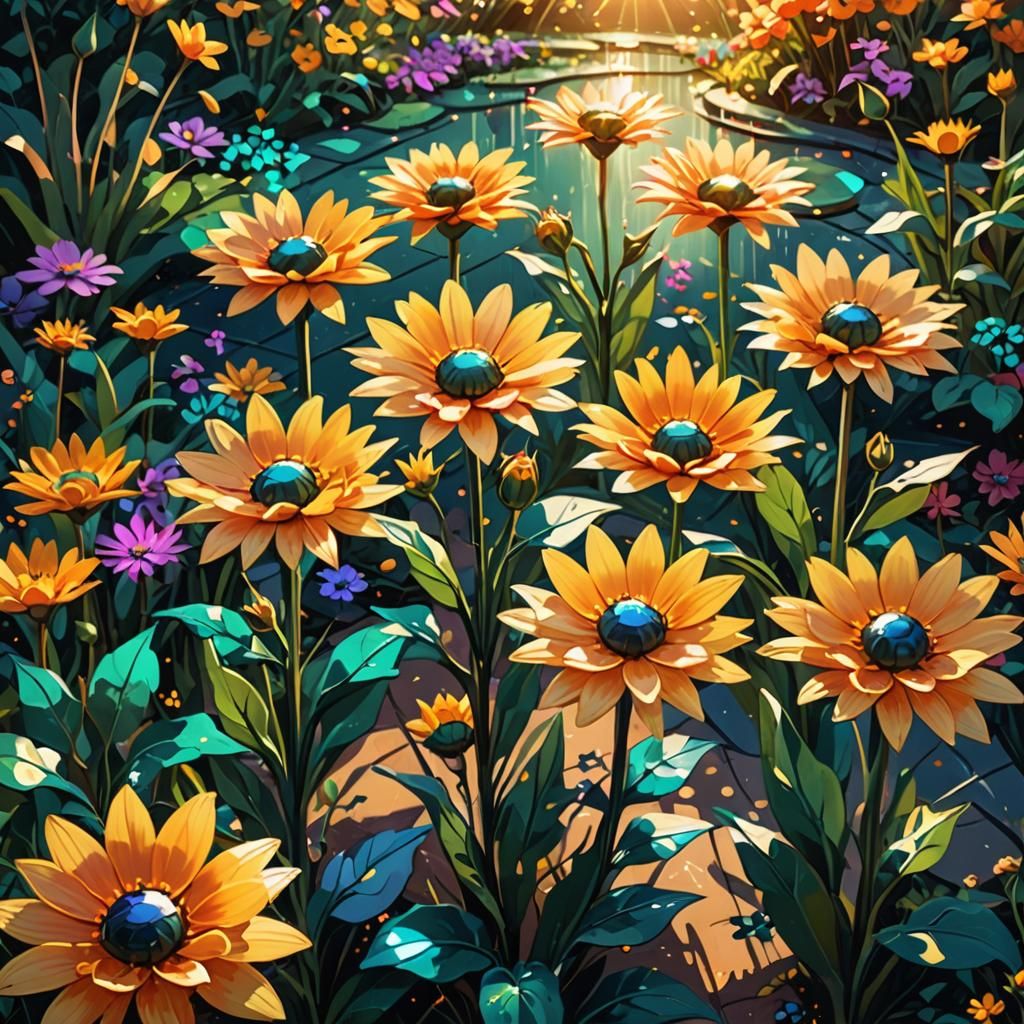 Vibrant Futuristic Garden Blooms with Solar Flowers in Triad...