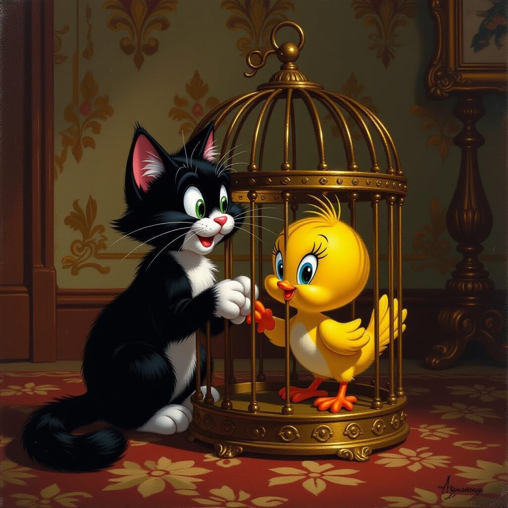 Sylvester and Tweety Trapped in Gilded Cage, Oil Painting