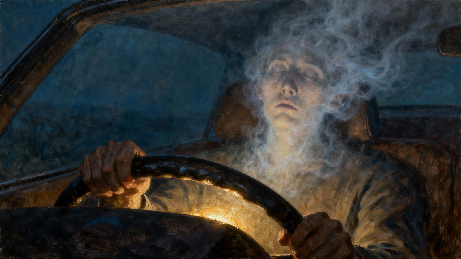 Surreal Driver in Mist, Symbolizing Unconscious Action