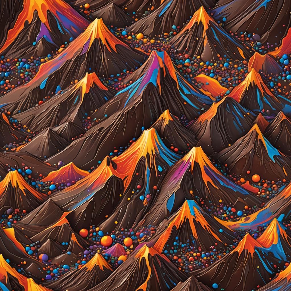 Rich Chocolate Erupts from Majestic Volcano in Vibrant Sunse...