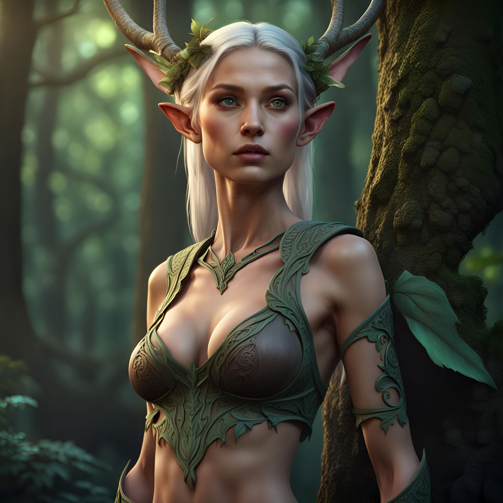 Fantastical Druid Elf in the Forest, Detailed Matte Painting...