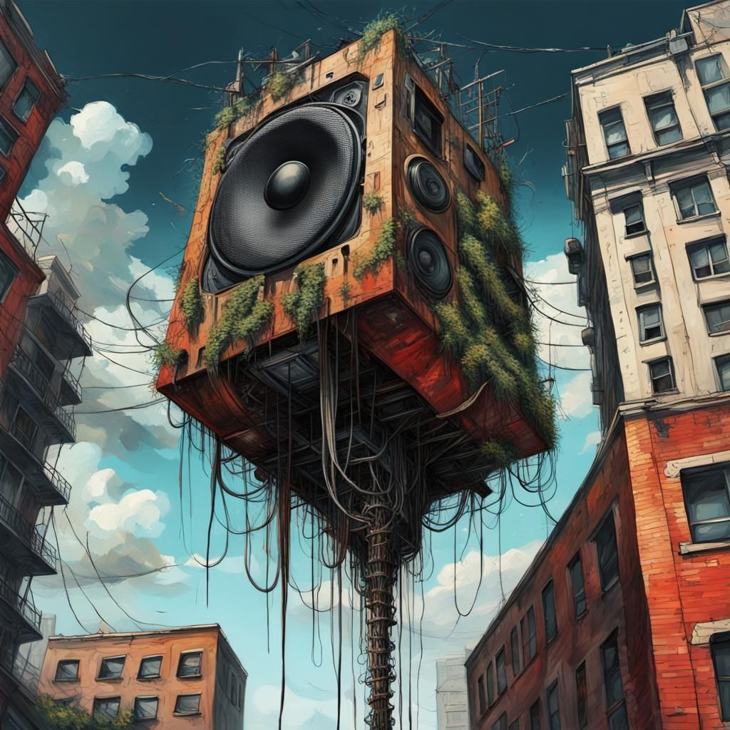 Epic Gothic Speaker in Twisted Cityscape