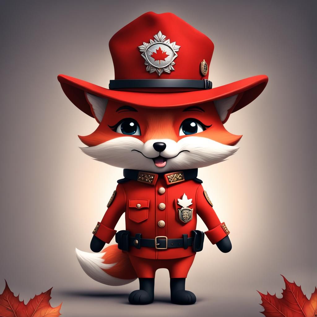 Chibi Fox in Royal RCMP Uniform Adorns a Red Autumn Scene