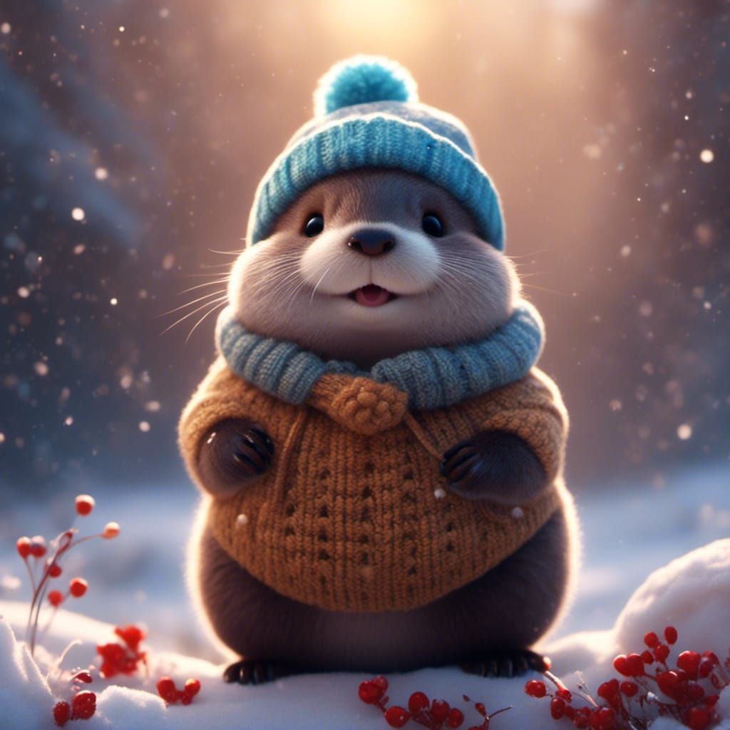 Cute Chubby Baby Otter in Winter Wonderland Sweater