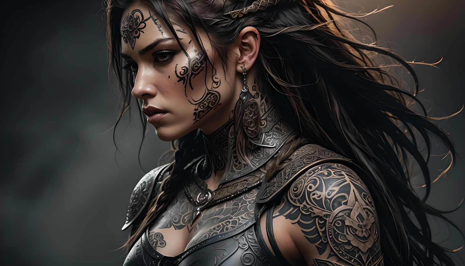 Female Warrior Goddess with Intricate Tattoos in Hyperrealis...