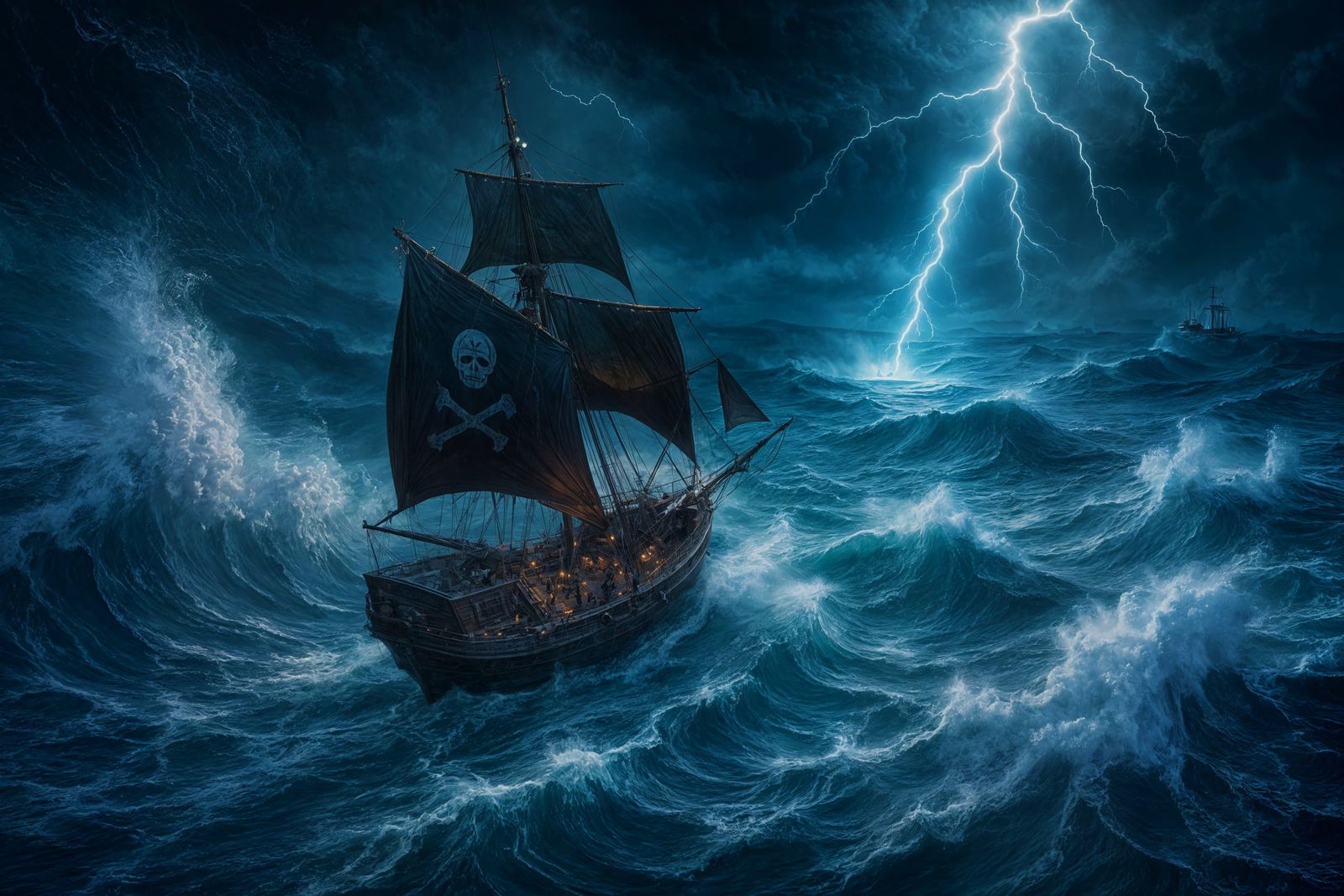 Pirate Ship Sailing Stormy Sea: Aerial Digital Painting