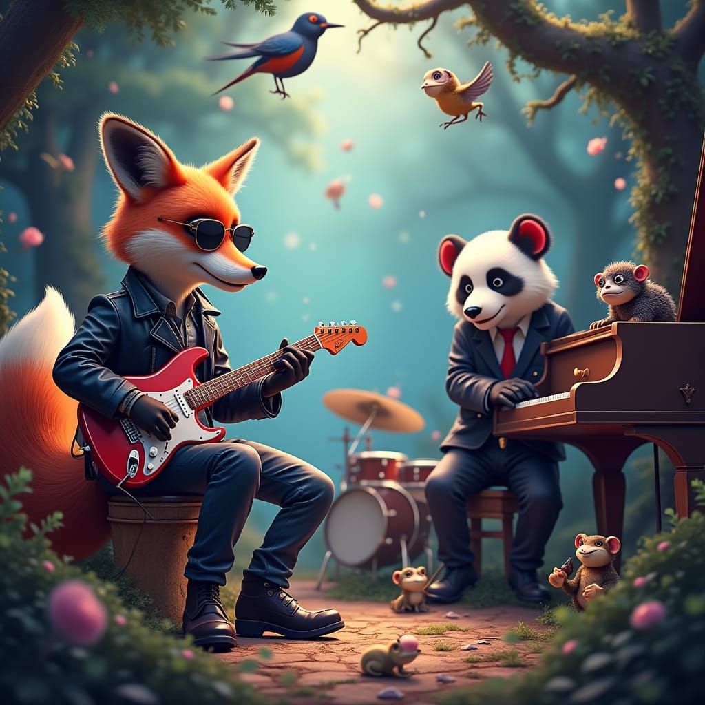 Rockstar Fox and Panda Bear Concert in the Whimsical Forest