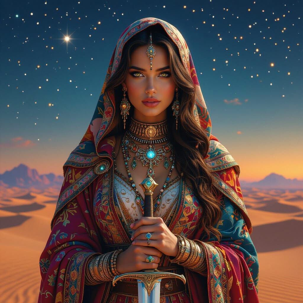 Starlit Desert Woman with Sword, Hyperrealistic