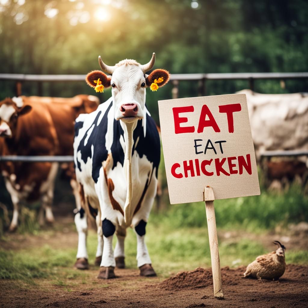 Cow holding a sign that says Eat Chicken