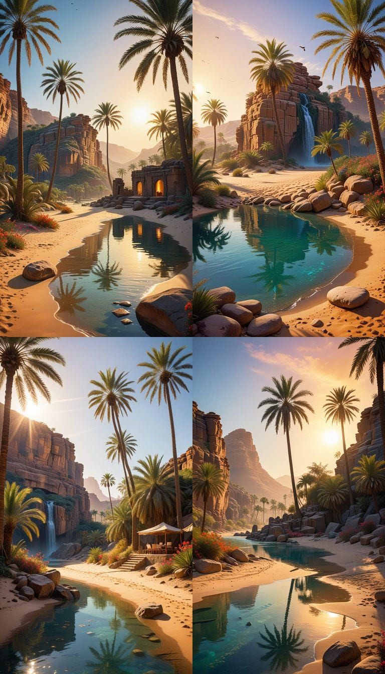 Vibrant Oasis in Endless Desert, Oil Painting in Impasto Sty...