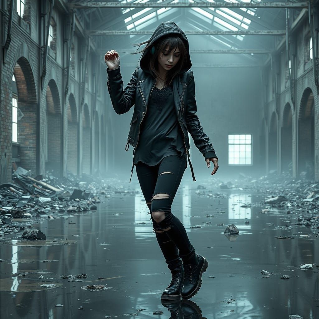 Moody Goth Girl Dances Among Ruins in Waterlogged Building