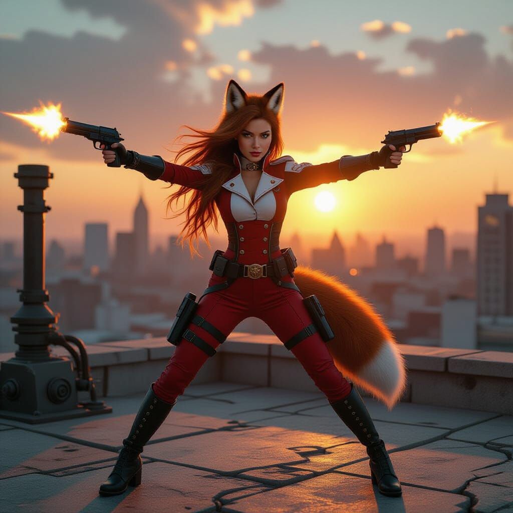 Steampunk Fox Woman Gunslinger at Sunset