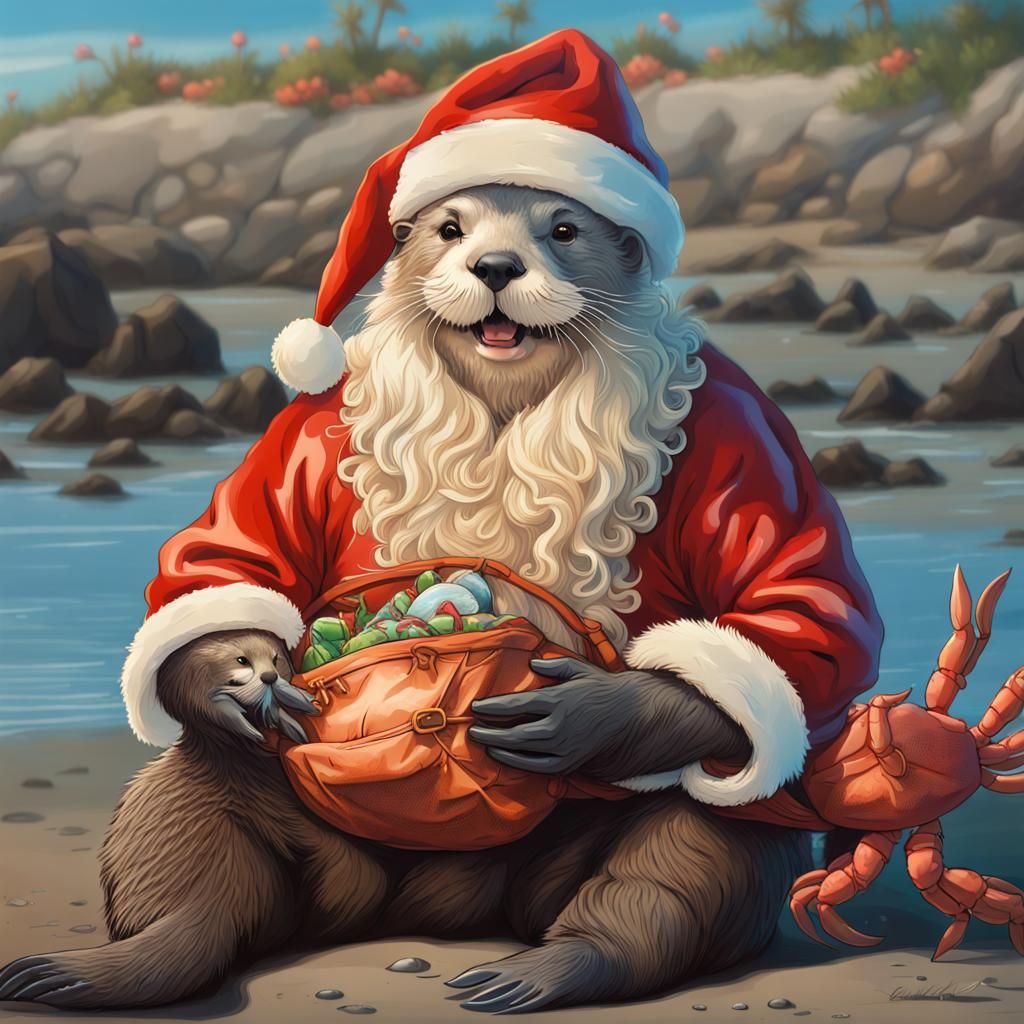 Sea Otter Santa Claus Delivers Crabs on Pacific Christmas