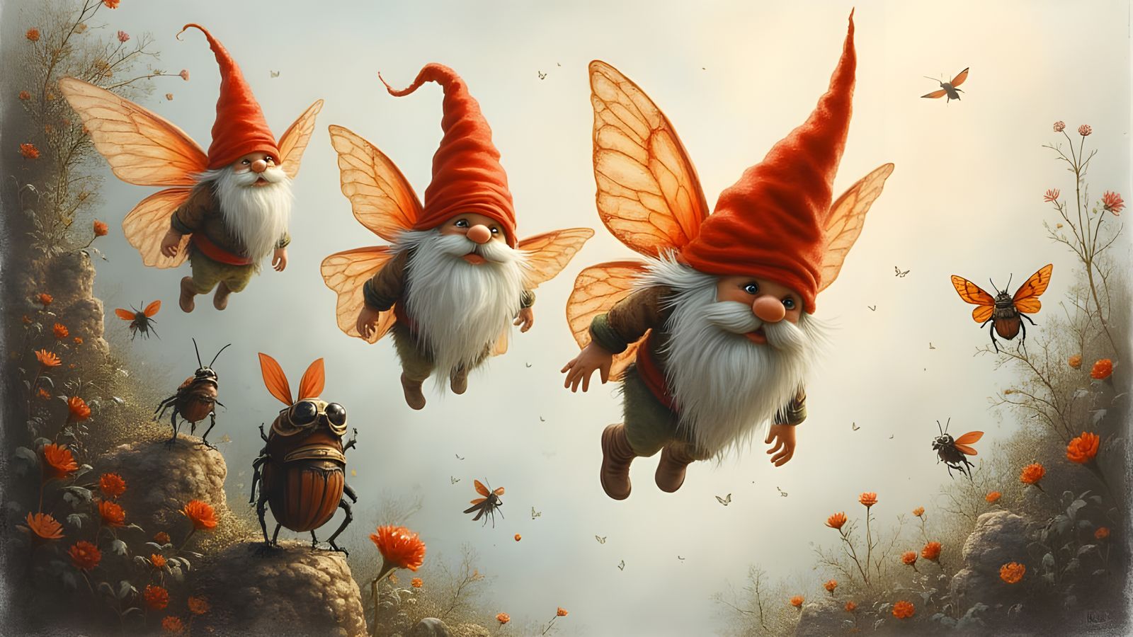 Whimsical Gnomes Soar on Iridescent Wings in a Dreamlike Rea...