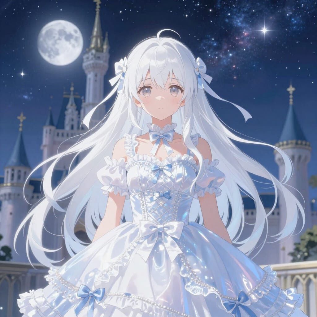 Anime Girl in Coquette Dress Before Castle Under Galactic Sk...