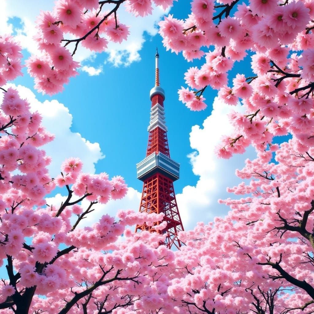 Tokyo Sky Tree with Sakura Blossoms in Vintage Japanese Styl...