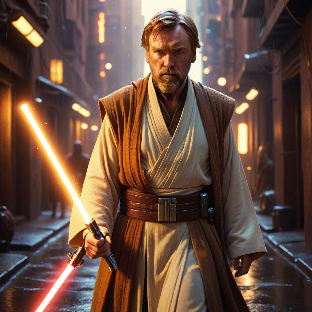 Epic Jedi General Kenobi in Coruscant Alleyway, Cinematic Fi...
