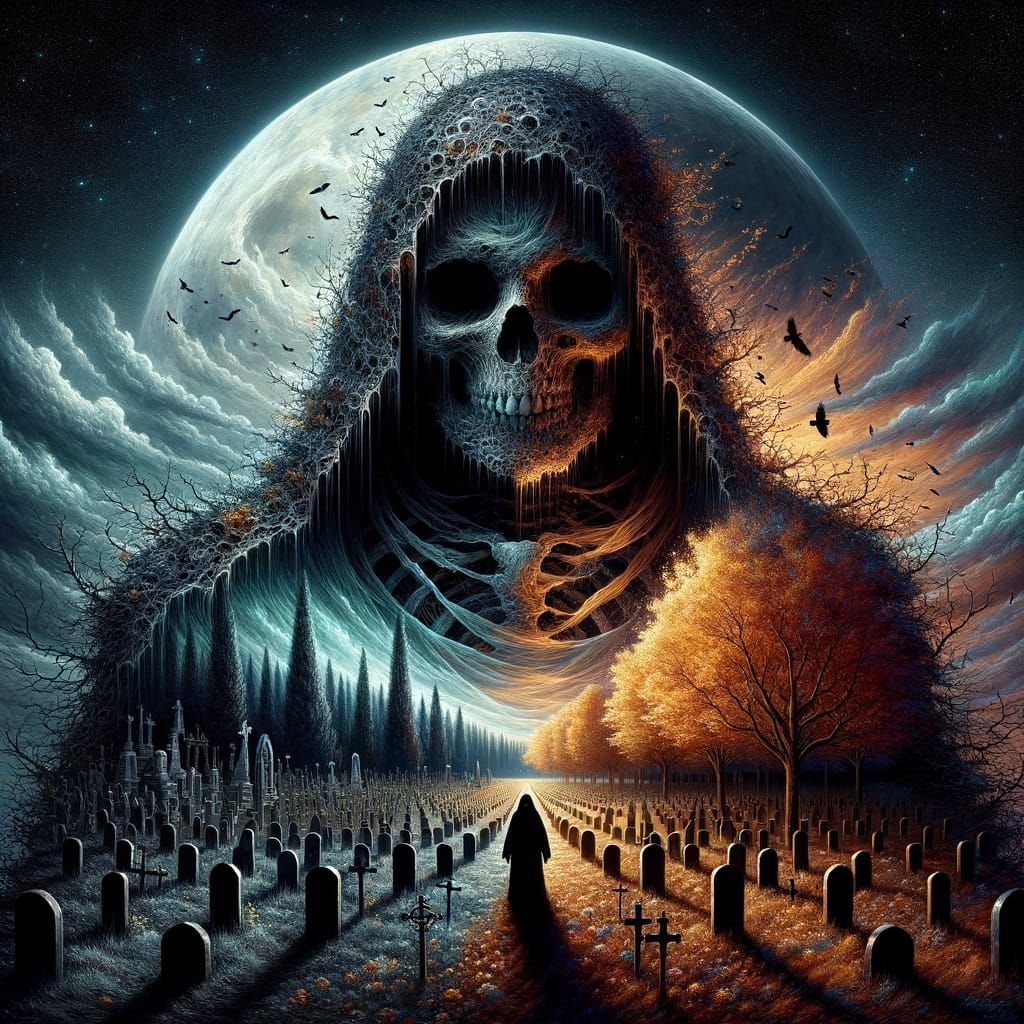 Ethereal Double Exposure: Shadowy Figure Amidst Autumn Twili...