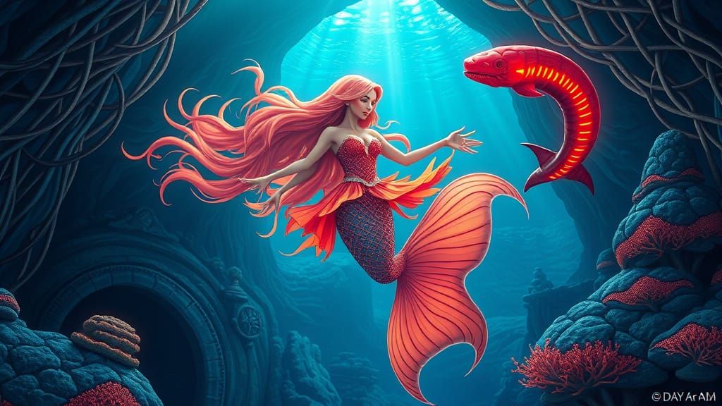 Mermaid Dances with Eel in Bioluminescent Cave
