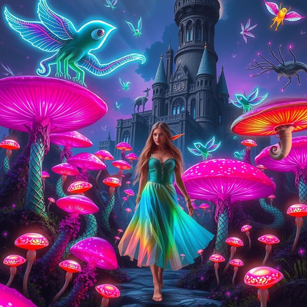 Ethereal Fantasy Realm with Glowing Mushrooms and Mysterious...
