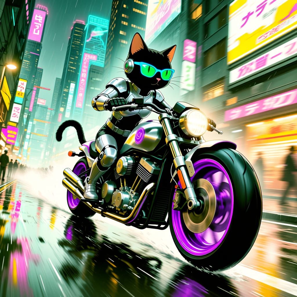 Cybernetic Cat's Neon Tokyo Night Ride