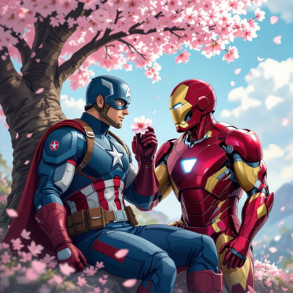 Captain America and Iron Man Under Sakura Tree