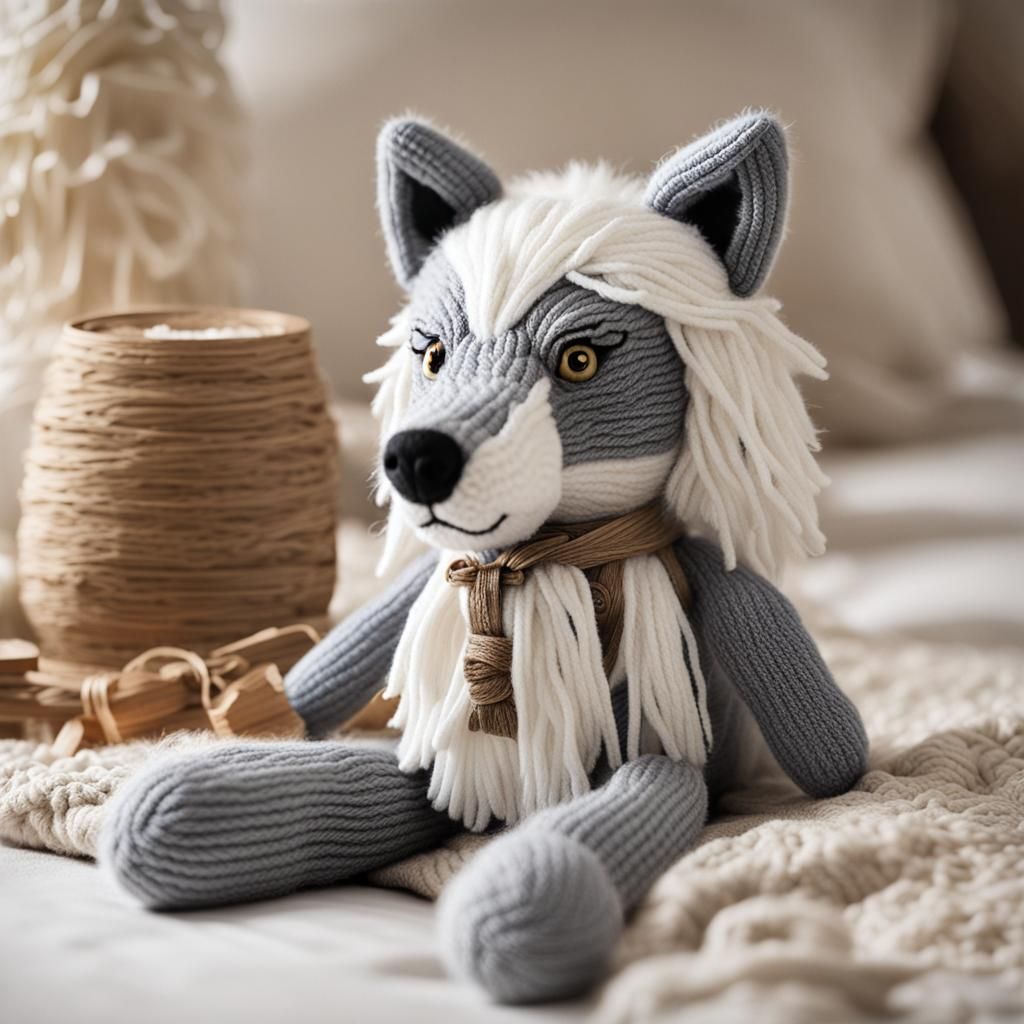 Charming Yarn Wolf Plushie on Bed