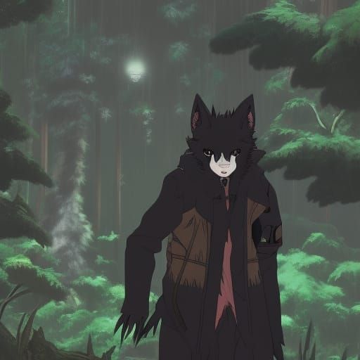 Gothic Wolf Man Anthro in Vibrant Studio Ghibli Style