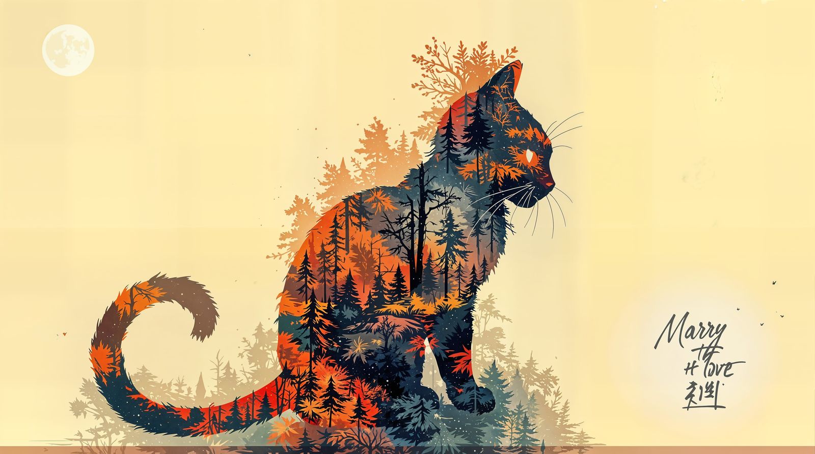 Vibrant Cat Silhouette in Fiery Forest Landscape