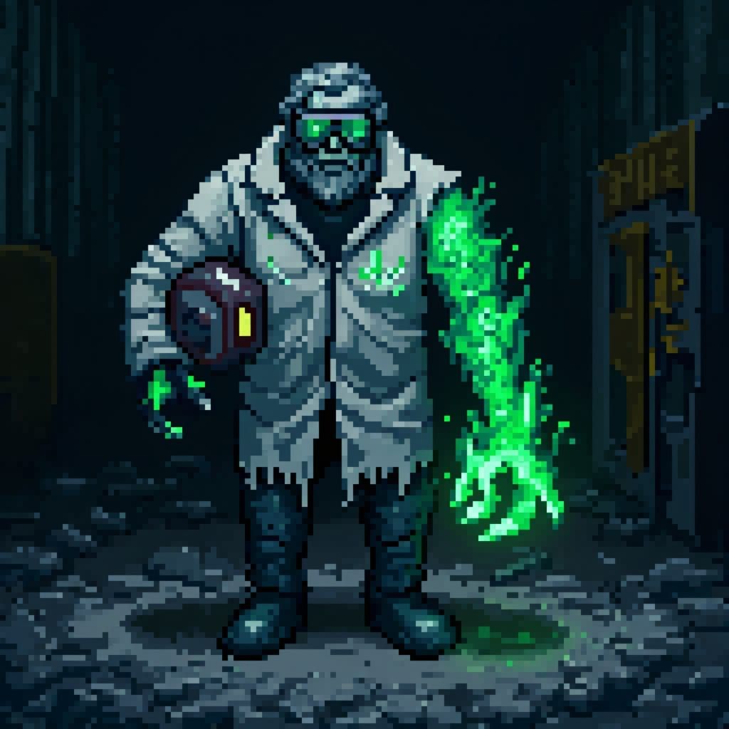Retro Video Game Scientist in Ruined Lab Pixel Art