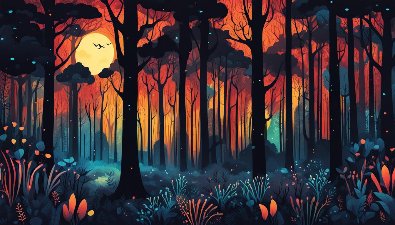 Whimsical Nighttime Forest in Typographic Aesthetic