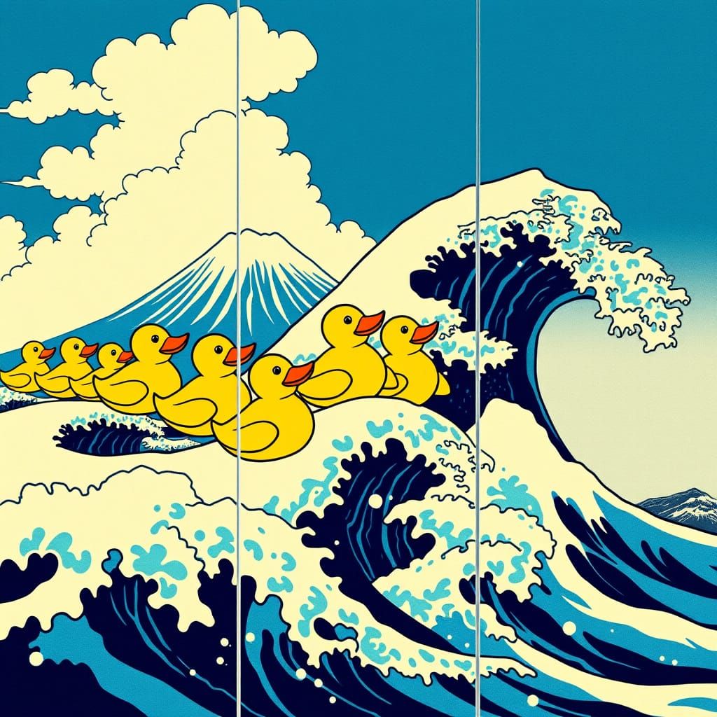 Vibrant Rubber Duck Wave with Mount Fuji