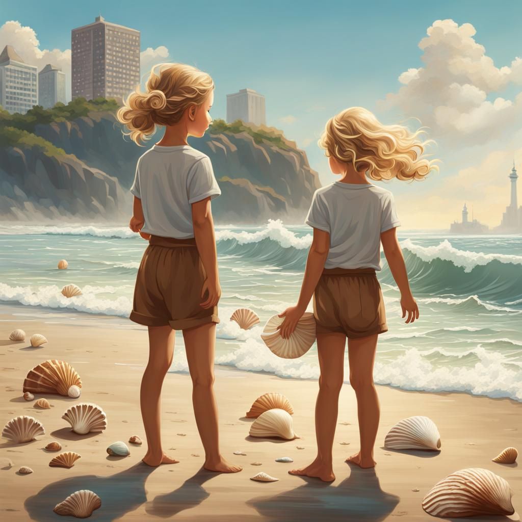 Two Little Girls and a Guardian in a Vibrant Beach Scene