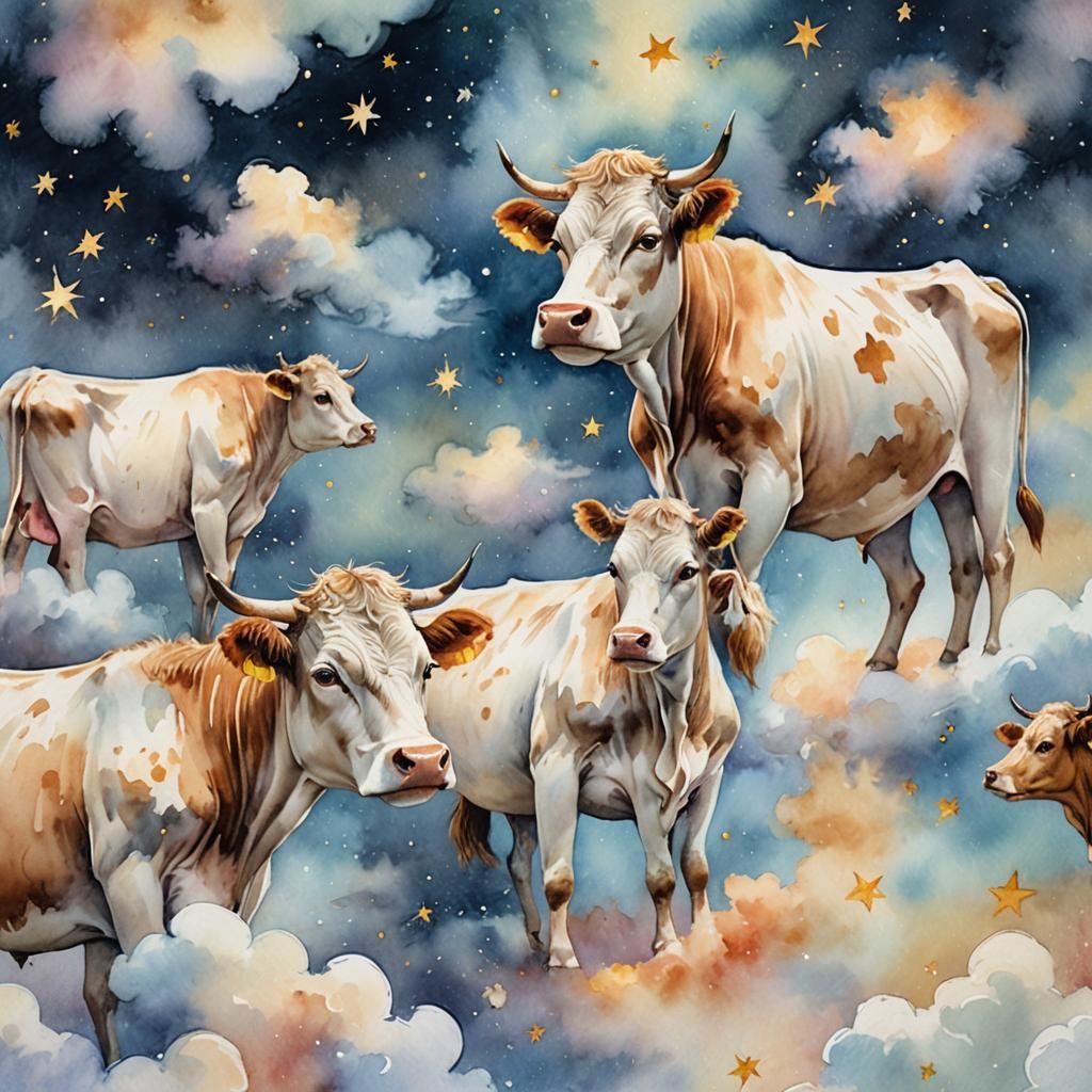 Dreamy Watercolor Cows Amidst Whimsical Clouds