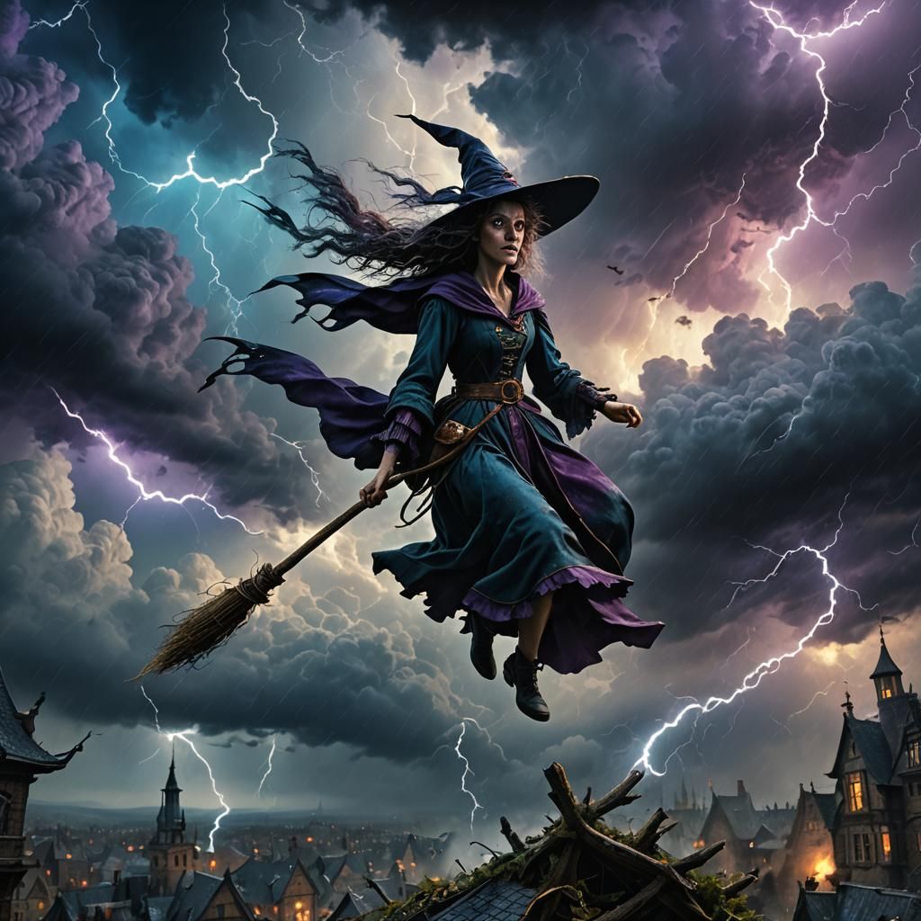 Epic Witch Soars Through Stormy Skies in Dramatic Digital Pa...