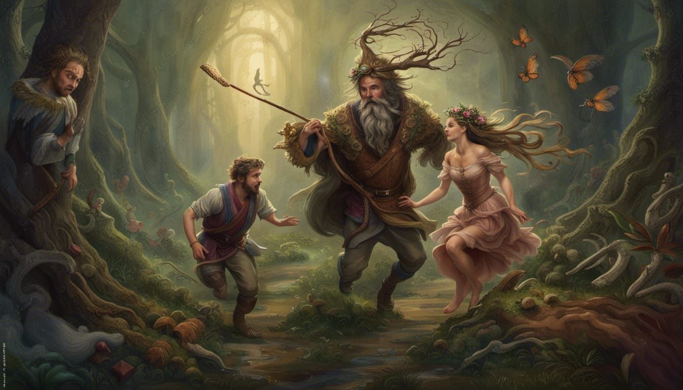 Young Woman Escapes the Sage's Wrath in Whimsical Forest