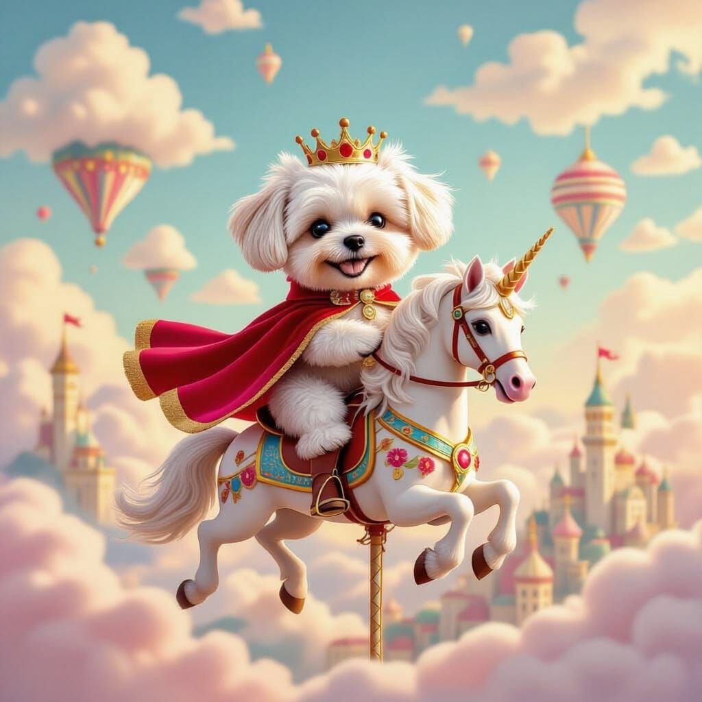 Maltese Dog Rides Carousel Horse Through Dreamlike Sky