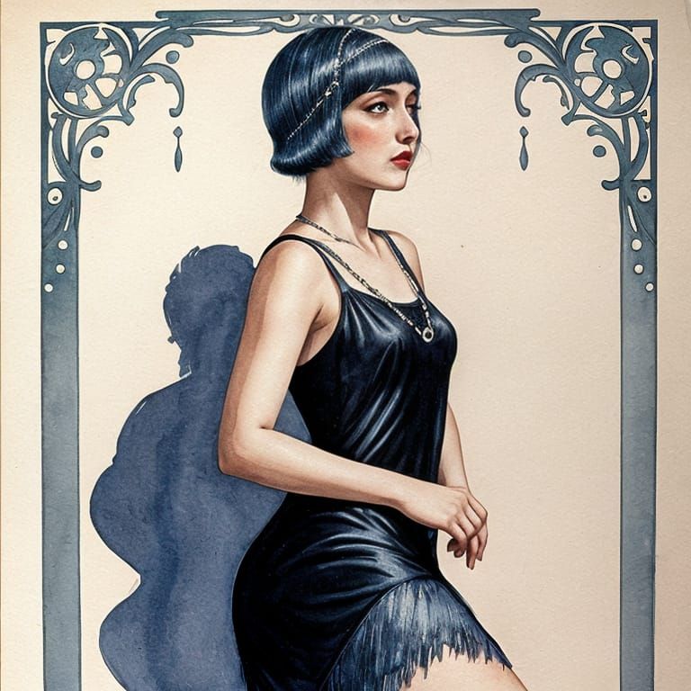 1920s Flapper Girl in Watercolor with Contrasting Colors and...