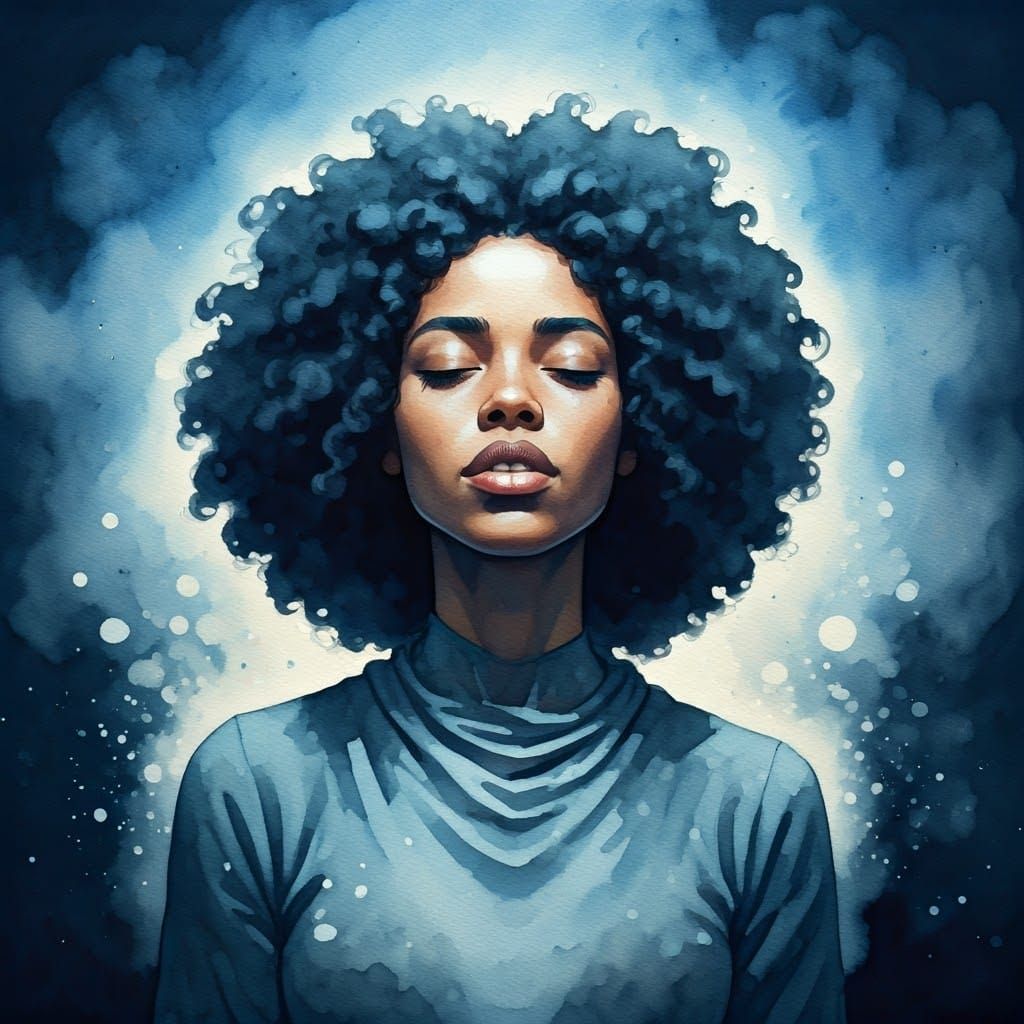 Watercolor  portrait,  beautiful black woman somnambulist, night dreamy, light dust,  illustration, Benjamin Lacombe, lu...